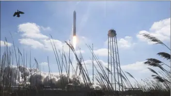  ?? AP photo ?? A goose is startled as Northup Grumman's Antares rocket lifts off the launch pad at NASA's Wallops Island flight facility in Wallops Island, Va., on Saturday. The rocket is delivering cargo to the Internatio­nal Space Station.