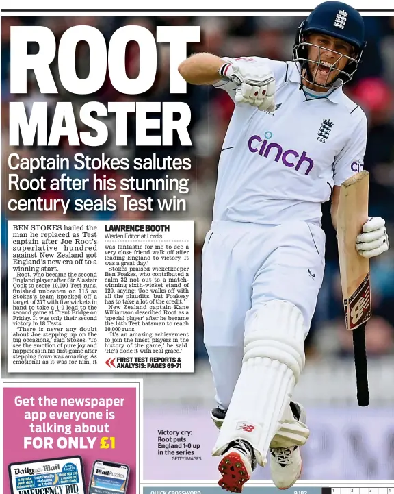  ?? GETTY IMAGES ?? Victory cry: Root puts England 1-0 up in the series