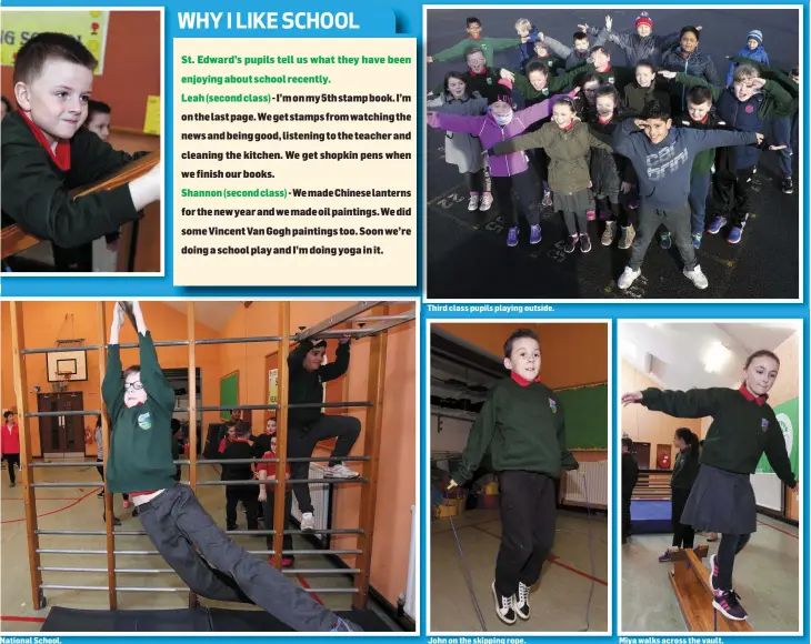  ??  ?? National School. Third class pupils playing outside. John on the skipping rope. Miya walks across the vault.