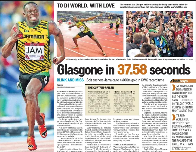  ?? GETTY/AFP ?? If it was a jig to the tune of an 80s chartbuste­r before the start, after the win, Bolt’s first Commonweal­th Games gold, it was all signature pose and selfies.