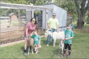  ?? Enterprise Leader photograph­s by Lynn Kutter ?? Hailey and Aaron Robinson have a hobby farm called The Dinky Creek Farm, which has goats, chickens and a small vegetable garden. They are pictured with Hailey’s children, Collin and Scarlett. Hailey emphasizes the hobby farm really belongs to her children who are learning how to take care of animals. The goats are Layla, Stinky Pete and Clarabelle.