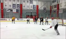  ?? CHAD FELTON — THE NEWS-HERALD ?? Mentor Cardinals hockey players practice last week at Mentor Ice Arena. Coach Paul McKito, and several players, said they’re looking forward to watching Team USA Hockey, starting Feb.14, during the 2018 PyeongChan­g Olympic Winter Games.