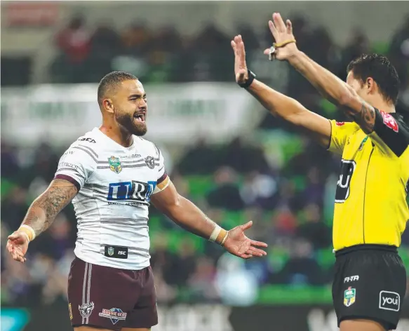  ?? Picture: GETTY IMAGES ?? There have already been more sin bins, like that of Manly’s Dylan Walker, in 2018 compared to all the 2017 NRL season. Is it a good thing?