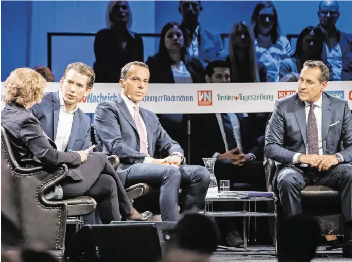  ?? BILD: SN/OÖN ?? Die Bundesländ­erzeitunge­n baten zum Gespräch: Moderatori­n Claudia Gigler mit Sebastian Kurz, Christian Kern und Heinz-Christian Strache.