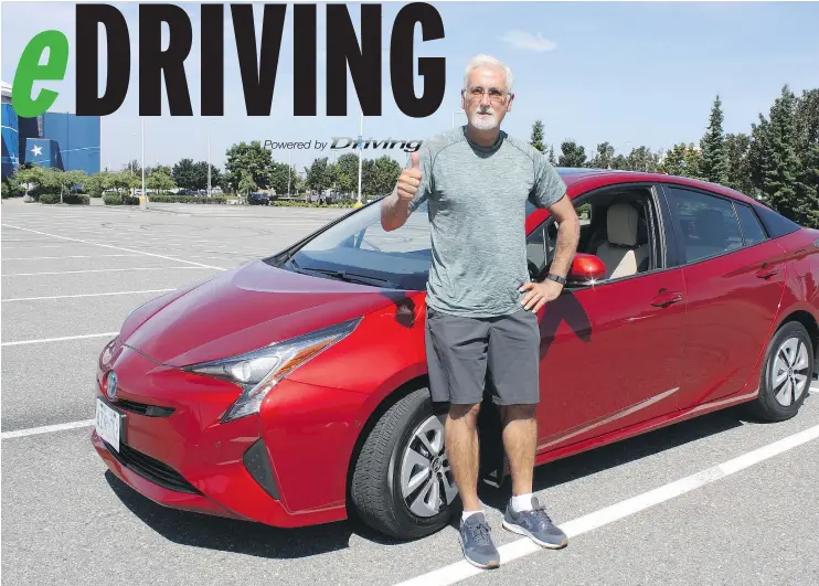  ?? — PHOTOS: ANDREW MCCREDIE ?? Simon Hunt loved everything about the 2017 Toyota Prius Tech, from the fuel economy to the way it handles. Just not the colour. He’d prefer black.