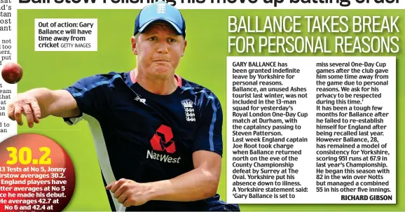  ?? GETTY IMAGES ?? Out of action: Gary Ballance will have time away from cricket