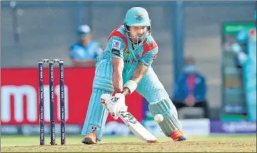  ?? BCCI ?? KL Rahul plays a reverse scoop on way to scoring 77 against Delhi Capitals at the Wankhede Stadium in Mumbai on Sunday.