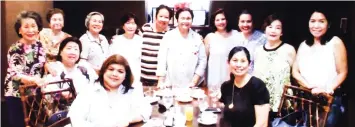  ??  ?? Meren Gepilano (6th from left), birthday girl of the day had high tea at Kabilin of Golden Prince Hotel. With her are dear friends: Flor Y., Monette Aliño, Alicia Que, Dr. Chloe Credo, Bles Patiño, Jamafe Zamora, Atty. Joje Decal, Anita San Jose and...