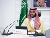  ?? BANDAR ALJALOUD — SAUDI ROYAL PALACE ?? Saudi Arabia’s Crown Prince Mohammed bin Salman attends a virtual G-20summit held over video conferenci­ng, in Riyadh, Saudi Arabia.