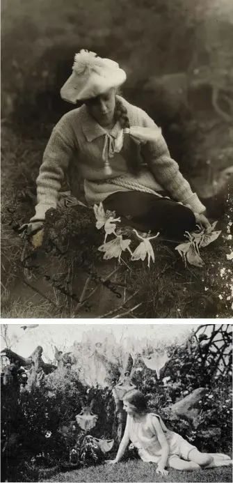  ??  ?? TOP: The mysterious Dorothy Inman photo of early 1918. ABOVE: The fairy photo published in The Sphere magazine in February 1918. Both images predate the publicatio­n of the Cottingley photos.