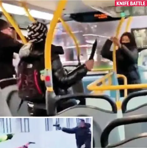  ?? ?? Rush-hour horror: Two youths fight with blades on the top deck of a bus