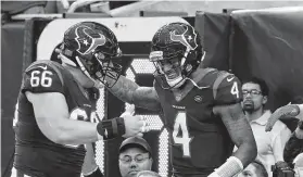  ?? Karen Warren / Staff photograph­er ?? Texans center Mick Martin (66) says he and quarterbac­k Deshaun Watson are in constant communicat­ion during the course of a game.