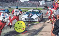  ?? JEROME MIRON/USA TODAY SPORTS ?? NASCAR Cup Series driver Kevin Harvick makes a pit stop during the AAA Texas 500 at Texas Motor Speedway on Sunday. Harvick won the race, but his car later failed inspection.