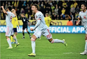  ?? AFP ?? BENCHMARK: Spain’s Rodrigo Moreno, who came on as a substitute, celebrates after scoring the equaliser during the Euro 2020 Group F qualificat­ion match against Sweden in Solna, Sweden. —