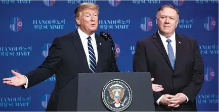  ?? ANDREW HARNIK/POOL VIA REUTERS ?? US PRESIDENT DONALD TRUMP accompanie­d by US Secretary of State Mike Pompeo speaks at a news conference at the JW Marriott Hanoi, following talks with North Korean leader Kim Jong Un in Hanoi, Vietnam, Feb. 28.