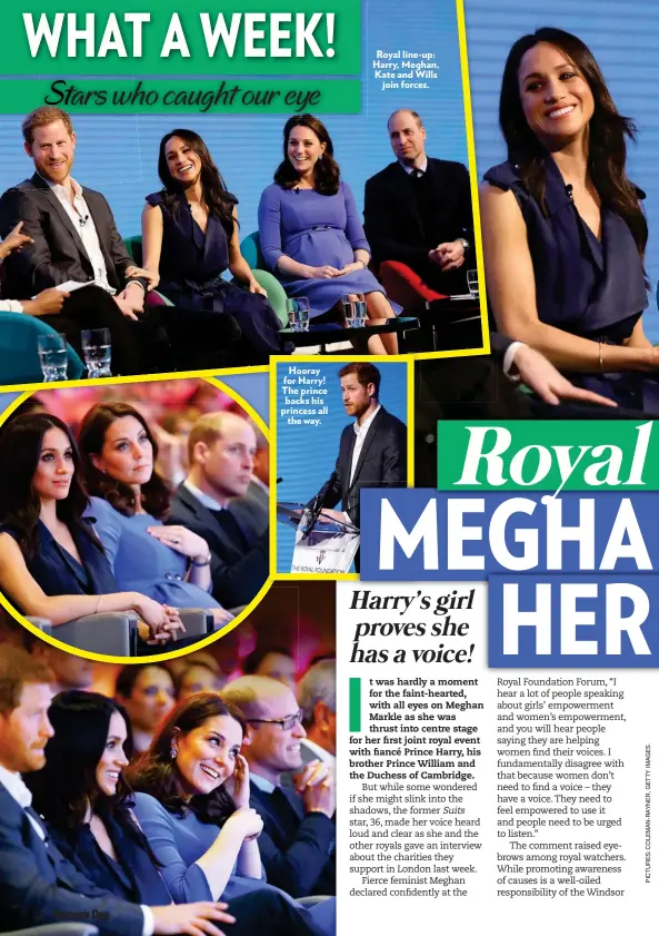  ??  ?? Hooray for Harry! The prince backs his princess all the way. Royal line-up: Harry, Meghan, Kate and Wills join forces.