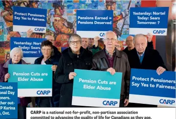  ??  ?? Protesters across Canada joined CARP’s National Day of Action for Pensioners. Here, members gather outside the office of MP Karina Gould in Burlington, Ont.Wanda Morris is VP of Advocacy at CARP and writes a weekly Post Media column “Grey Matters.” You can find them at CARP.ca/blogs. CARP is a national not-for-profit, non-partisan associatio­n committed to advancing the quality of life for Canadians as they age. To become a member, call 1-833-211-2277 or go to