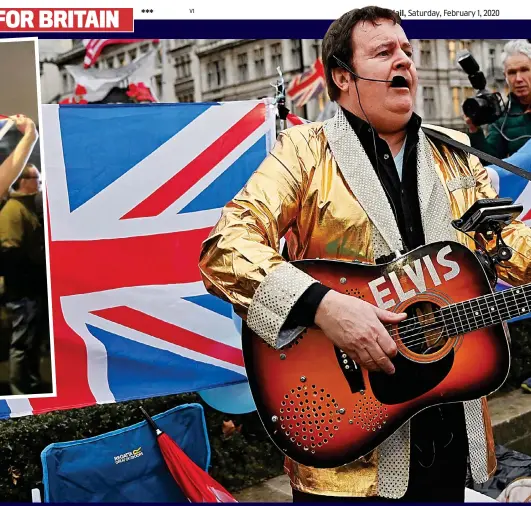  ??  ?? EU lonesome tonight: An Elvis Presley impersonat­or entertains crowds of Brexit supporters celebratin­g amid Union flags