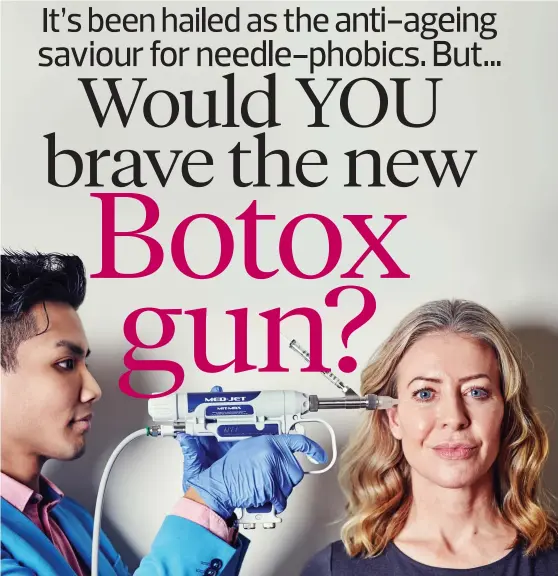  ?? Picture: KI PRICE ?? Blasting away wrinkles: Dr Wong fires Botox into Alice Hart-Davis’s face using the needle-free Med-Jet device