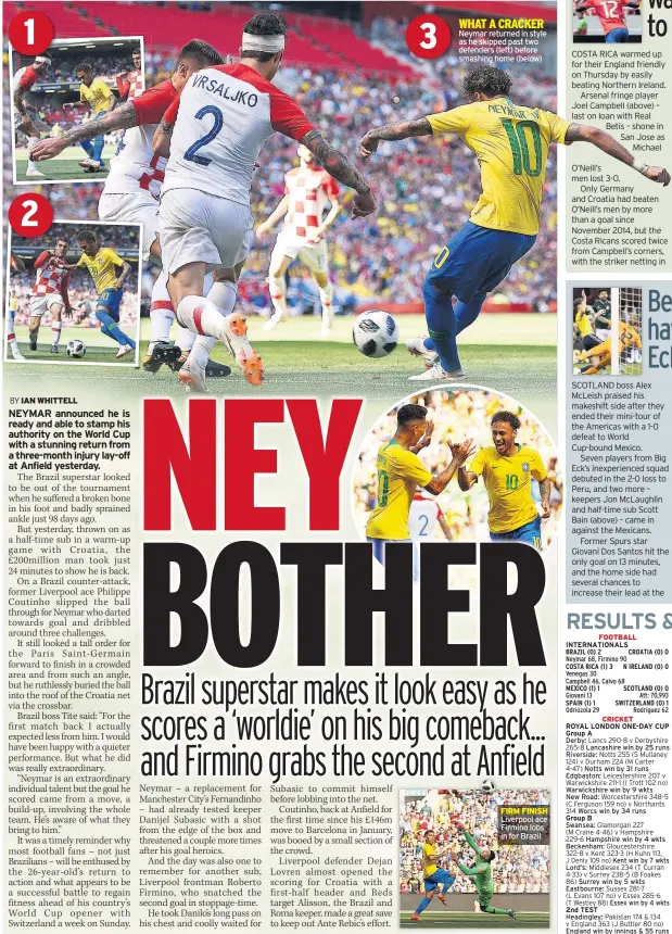  ??  ?? WHAT A CRACKER Neymar returned in style as he skipped past two defenders (left) before smashing home (below) FIRM FINISH Liverpool ace Firmino lobs in for Brazil