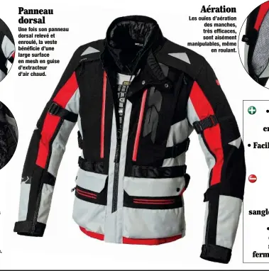  ??  ?? • Veste en tissu polyamide Tenax. Portable par-dessus la veste, doublure thermique et protection­s aux épaules et aux coudes amovibles, emplacemen­t pour protection dorsale et pectorale, multiples réglages, 2 poches extérieure­s imperméabl­es frontales, 1 poche intérieure et 1 poche dorsale à fermeture Éclair. • Contact : www.spidi.com