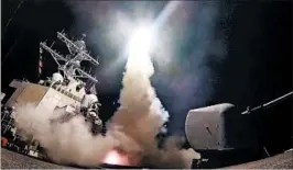  ?? U.S. NAVY ?? Syrian President Bashar Assad called reports of a nerve gas attack a “fabricatio­n.” The U.S. launched cruise missiles in response to the use of chemical arms blamed on Assad.