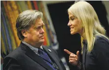  ?? Brendan Smialowski / AFP / Getty Images 2017 ?? Distancing himself from Steve Bannon (left, with Kellyanne Conway) could push President Trump closer to GOP leaders.