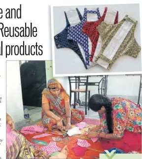  ??  ?? A group of women make reusable napkins with cloth in Bhopal