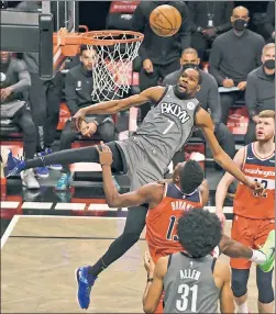  ?? Robert Sabo ?? NO EASY BUCKETS: Kevin Durant is fouled going in for a dunk during the second quarter on Sunday at Barclays Center.