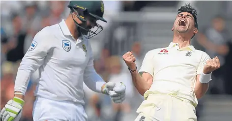  ??  ?? James Anderson celebrates dismssing South Africa’s Dean Elgar yesterday.