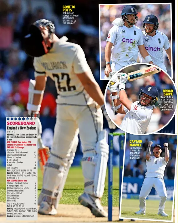  ?? ?? BroaD
sWipe Stuart hits a six as he and
Bairstow (with Overton, above) piled
on the runs