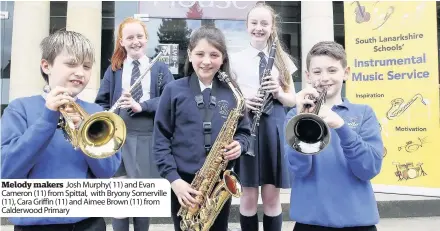  ??  ?? Melody makers Josh Murphy( 11) and Evan Cameron (11) from Spittal, with Bryony Somerville (11), Cara Griffin (11) and Aimee Brown (11) from Calderwood Primary