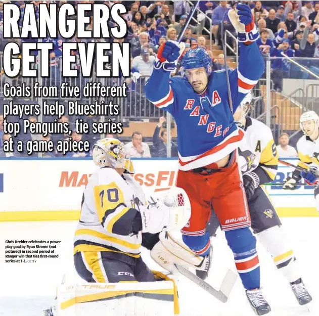  ?? GETTY ?? Chris Kreider celebrates a power play goal by Ryan Strome (not pictured) in second period of Ranger win that ties first-round series at 1-1.