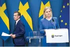  ?? Henrik Montgomery/TT News Agency via AP ?? Sweden’s Prime Minister Magdalena Andersson, right, and the Moderate Party’s leader Ulf Kristersso­n give a news conference Monday in Stockholm, Sweden. Sweden’s government has decided to apply for a NATO membership.