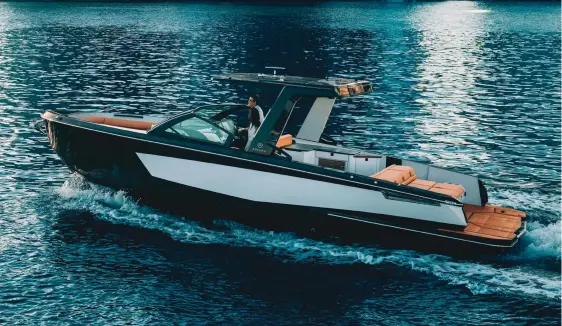  ??  ?? LOA: 32’6” Beam: 10’4” Draft (drives up): 1’11” Displ.: 12,000 lbs. Fuel: 170 gals. Water: 30 gals. Power: (2) 380-hp Ilmor MV8 sterndrive­s