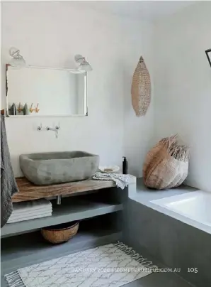  ??  ?? BATHROOM The downstairs bathroom (right) is adjacent to a guest bedroom and interestin­gly takes up the space of what was a very small kitchen. A stone basin adds character to the room – get the look with the ‘Bowman’ oval concrete sink from Schots Home Emporium. >