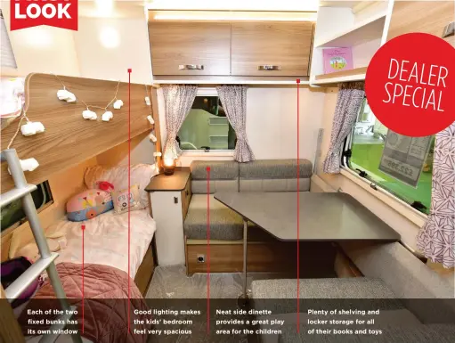  ??  ?? Each of the two fixed bunks has its own window
Good lighting makes the kids’ bedroom feel very spacious
Neat side dinette provides a great play area for the children
DEALER SPECIAL
Plenty of shelving and locker storage for all of their books and toys
