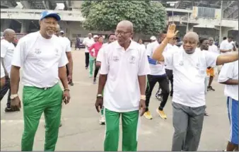  ?? ?? L-R: President of Nigerian Olympians Associatio­n, Henry Amike; Chairman, Sports for All, Anthony Oyetayo; President of Nigeria Olympic Committee (NOC), Engr. Habu Ahmed Gumel, at the aerobic session at the Sportscity in Lagos...last Saturday