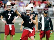  ?? ASSOCIATED PRESS ?? IN THIS JULY 28, 2018, file photo, Arizona Cardinals quarterbac­k Josh Rosen (3) throws during the first day of NFL football training camp in Glendale, Ariz.