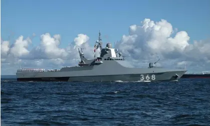  ?? Photograph: SPUTNIK/Reuters ?? Russian patrol ship Vasily Bykov during the Navy Day parade in 2020.