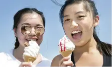  ??  ?? Cool: Caram Lee and Sam Chong, from Ashbourne, Co Meath, eat ice creams in Bray in July. Photo: Tony Gavin