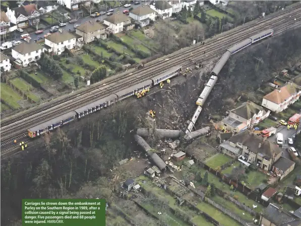  ?? HMRI/ORR. ?? Carriages lie strewn down the embankment at Purley on the Southern Region in 1989, after a collision caused by a signal being passed at danger. Five passengers died and 88 people were injured.