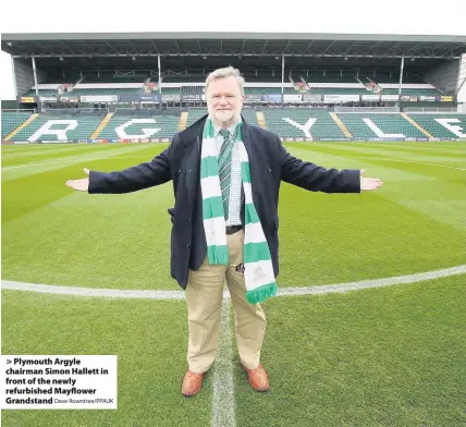  ?? Dave Rowntree/PPAUK ?? Plymouth Argyle chairman Simon Hallett in front of the newly refurbishe­d Mayflower Grandstand