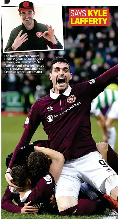  ??  ?? Fab four: Lafferty counts Hearts’ goals on his fingers (above) on Hearts’ official Twitter feed after he netted the crucial second against Celtic at Tynecastle (main)