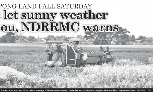  ?? PHILSTAR.COM ?? Farmers from Amucao, Tarlac take advantage of the sunny weather and harvest rice as Typhoon Ompong barrels toward the Philippine landmass.