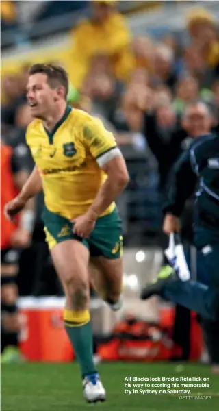  ?? GETTY IMAGES ?? All Blacks lock Brodie Retallick on his way to scoring his memorable try in Sydney on Saturday.