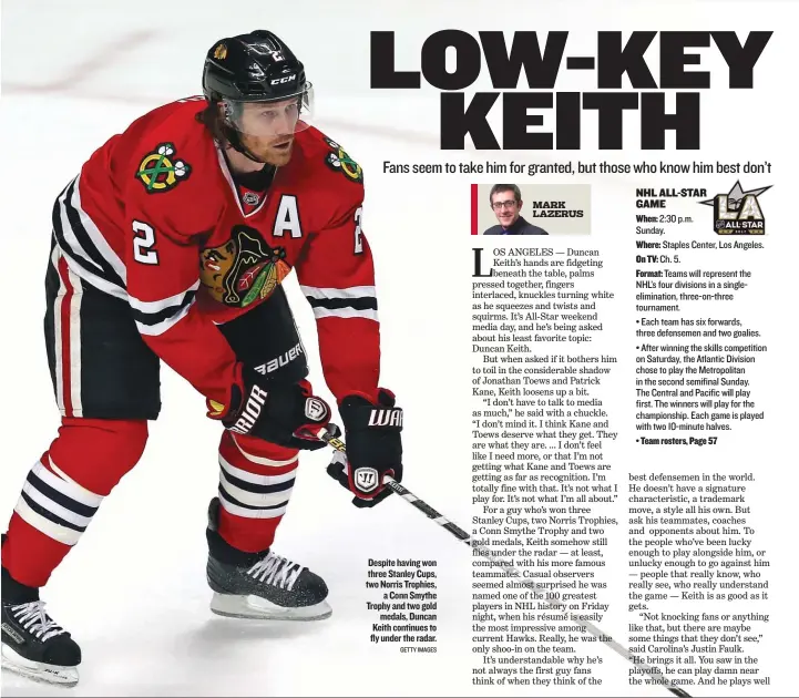  ?? GETTY IMAGES ?? Despite having won three Stanley Cups, two Norris Trophies, a Conn Smythe Trophy and two gold medals, Duncan Keith continues to fly under the radar.