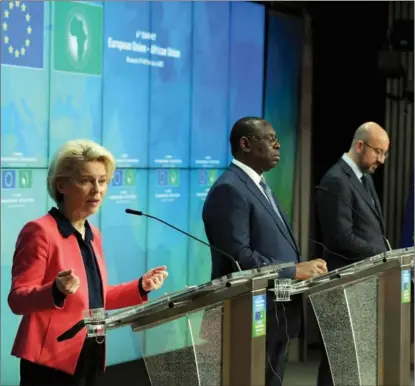  ?? JOHN THYS / POOL / AFP ?? Ursula von der Leyen (left) with other leaders at the EU-AU summit in Brussels on Feb 18.