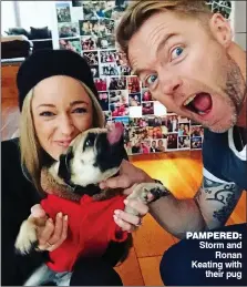  ??  ?? PamPered:
Storm and Ronan Keating with their pug