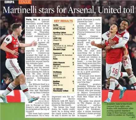  ?? — AFP — AFP ?? Arsenal’s Gabriel Martinelli (second from right) celebrates with teammates after scoring against Standard Liege in their Europa League match in London on Thursday.